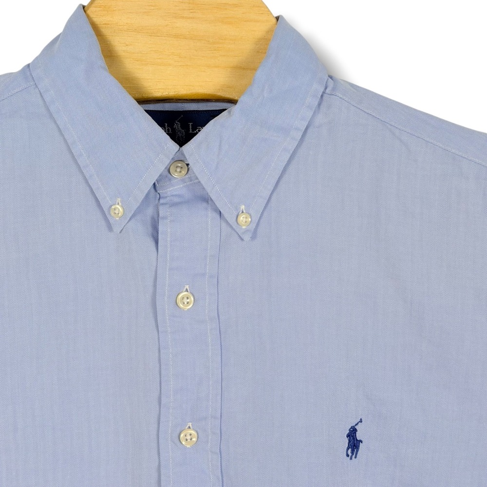 VIntage Ralph Lauren Button Down Men 16.5 Large Blue Herringbone Stripe Classic